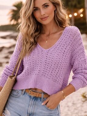 Free People Lavender Crochet Sweater XS Boho Lightweight Knit